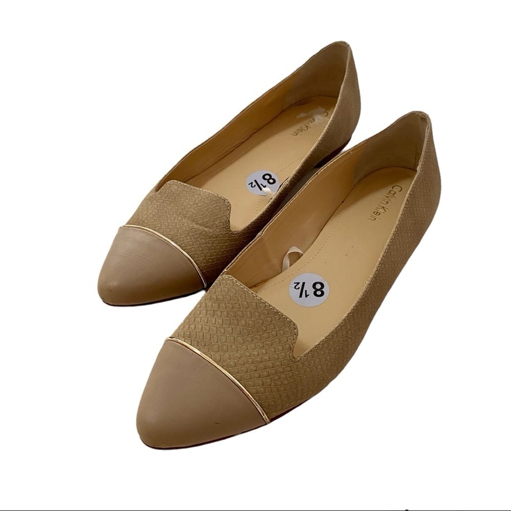 Calvin Klein Tan Pointed-toe Leather Flat Shoes 8.5 Slip-on Cap Toe Snake Print